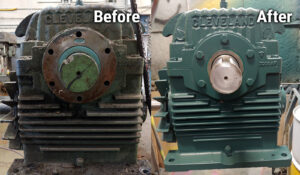 Green Cleveland gearbox before and after repairs, cleaned and repainted