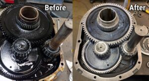 Before and after pictures of a gearbox repair, dirty and broken on the left, clean and repaired on the right.